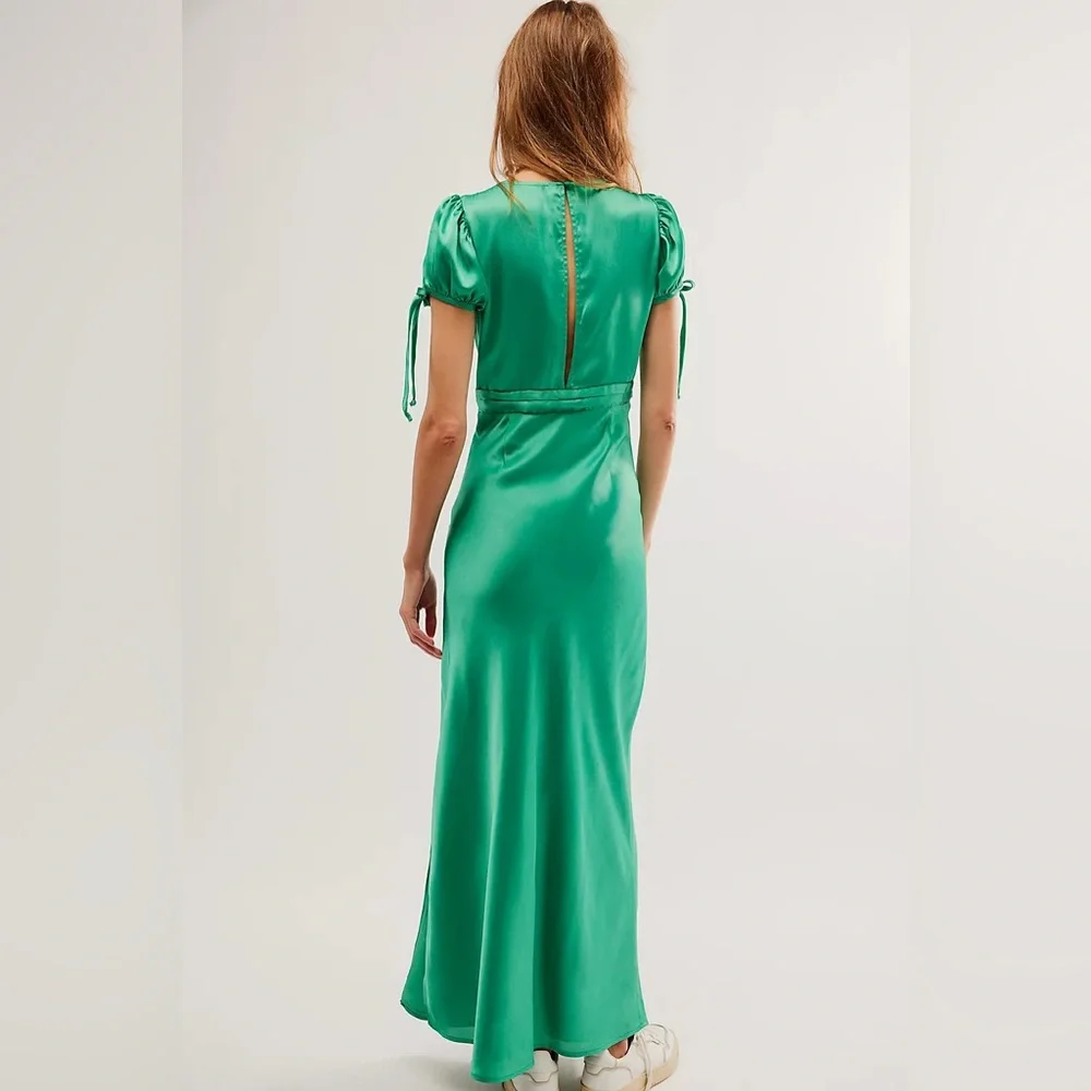 Free People Emerald Green Satin Maxi Dress with Embroidered Bodice - Picture 2 of 8